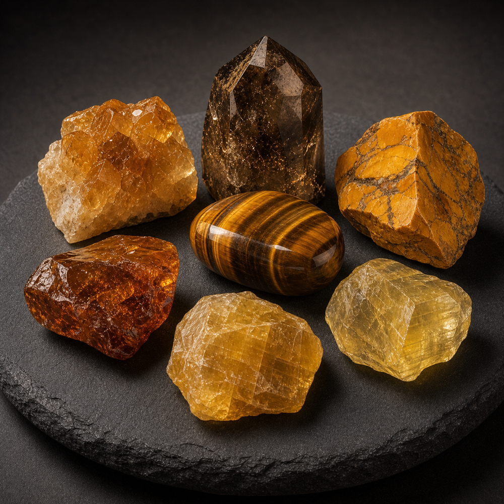 Citrine · Tiger’s eye · Yellow jasper · Amber · Smoky quartz · Golden calcite · Yellow fluorite Earth Stone Collection